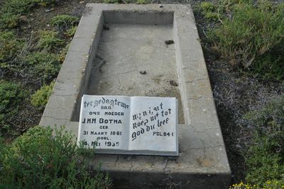 The grave of J.M.M. Botma (1861-1939) in the Botma burial ground on Vredendal / Gatsplaas: a marble open book on a...