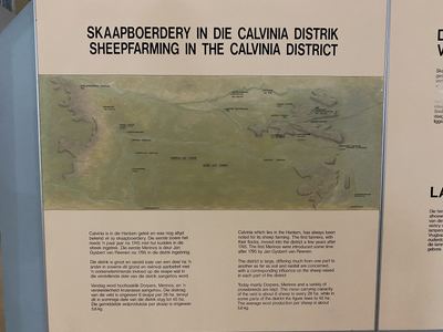 A museum panel, "Skaapboerdery in die Calvinia distrik / Sheepfarming in the Calvinia district", with a painted...