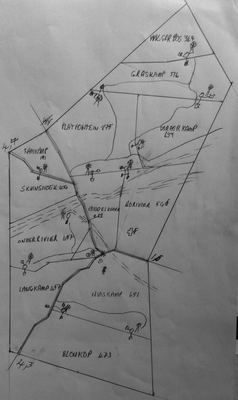 Hand-drawn plan of the working camps (paddocks) of Varsche Fontein, with names and areas: Wilgerbos 364, Graskamp...