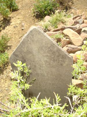 A leaning slate slab in the same cemetery, hand-lettered, reading JACOBES JOHANES BUKES. The dates below are worn...