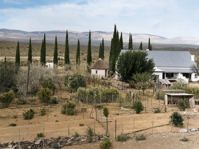 The werf at Rondawel, looking across the garden to the house: a long white gabled homestead under a corrugated-iron...