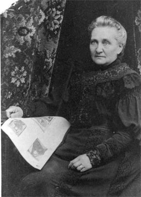 Martha Margaretha Oosthuizen (1873-1951), probably: an elderly woman in a dark high-collared dress, seated before a...