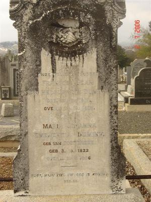 The weathered headstone of Francois Jean van Helslandt Duminy and Maria Johanna Emerentia Duminy born van Oosterzee...